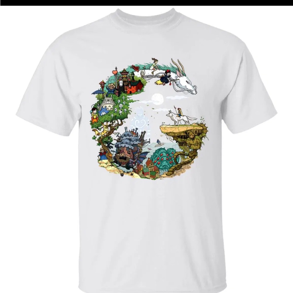 New Studio Ghibli Tan Graphic T-Shirt with Various Ghibli Characters